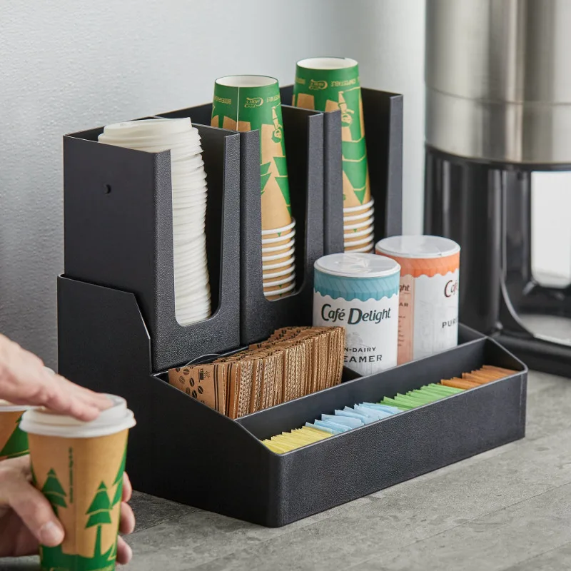 Choice Black 6-Section Countertop Cup, Lid, and Coffee Condiment Organizer